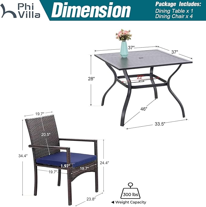 PHI VILLA 5 Piece Patio Dining Table Set for 4, 37" Square Outdoor Metal Table with Umbrella Hole & 4 Rattan Wicker Chair with Cushion for Deck, Yard, Porch