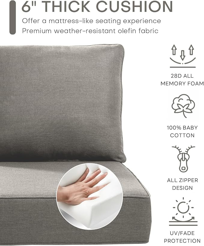 Luxury 22x24/22x25 6-Inch Outdoor Deep Seat Cushions Set of 6 - Comfortable Patio Zipper Chair Cushion for Outside Wicker Dining Rocking Swivel Chairs Loveseat Couch Sectional Sofa - Grey
