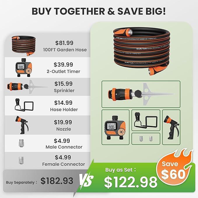 Giraffe Tools Garden Hose 100ft x 5/8", Water Hose Heavy Duty, Flexible with Watering Timer Nozzle and Yard Sprinkler, Lightweight Hybrid Hose with Swivel Handle, Male to Female Fittings