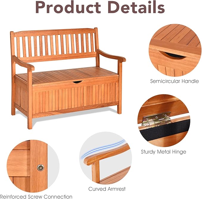 HAPPYGRILL Outdoor Storage Bench Wooden Deck Box with Removable Dustproof Liner, 33 Gal Wood Storage Loveseat Seating Furniture for Courtyard Garden Poolside