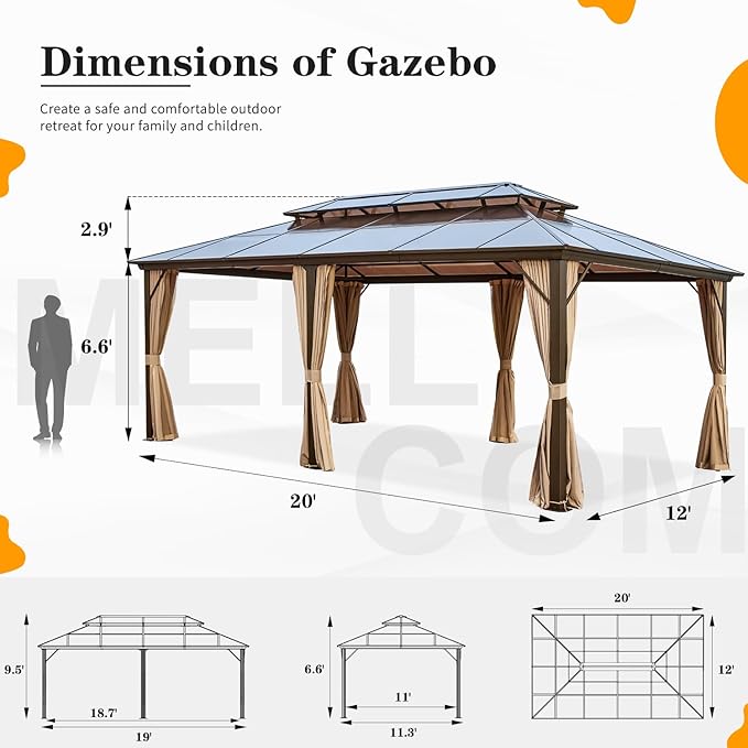 MELLCOM 12x20ft Hardtop Gazebo, Polycarbonate Double Roof Aluminum Gazebos, Outdoor Waterproof Pergola with Netting and Curtains for Backyard, Deck, Patio