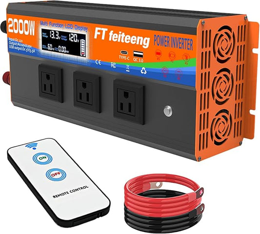 2000 Watt Inverter, Inverter 12v to 110v, LCD Display, 3 Ac Outlets, USB-C & Qc3.0 Ports, Dual Smart Fans, Remote. Power Inverters for Vehicles for Camping, Emergencies, Trucks, Rv, Off-Grid Solar