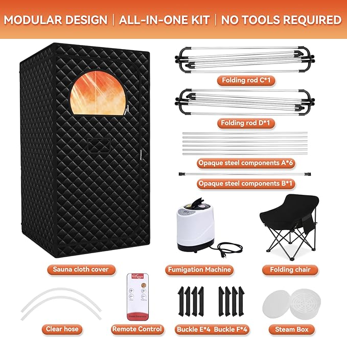 Portable Sauna for Home, Upgraded Large Size Home Sauna Box with 3L 1300W Steamer, Big Folding Chair, 9 Levels Heat,Timer, Remote Control - Personal Steam Room Tent for Relaxation Spa 3'x3'x5.9' Black