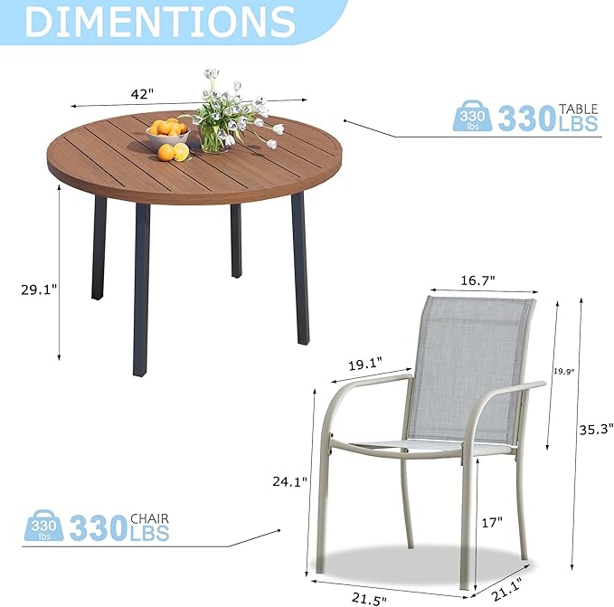 5 Pieces Round Dining Table Set for 4, Patio Dining Set Includes 4 Beige Blue Stackable Patio Chairs and 1 Walnut Round Table, Patio Furniture Sets with Sling Support for Outside, Garden