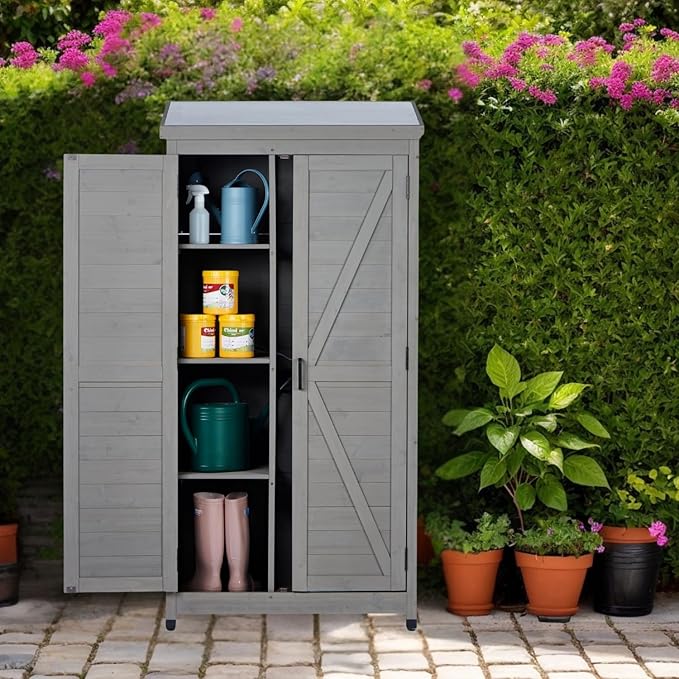Stylish Grey & Solid Wood Outdoor Storage Shed – Durable Metal Top Vertical Tool Cabinet Ideal for Backyard, Garden, and Patio Organization