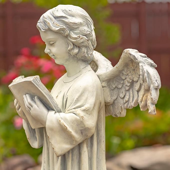 Zaer Ltd. 39" Tall Magnesium Angel Statue Figurines for Outdoor and Indoor Use (Reading a Book Symone, Antique White)
