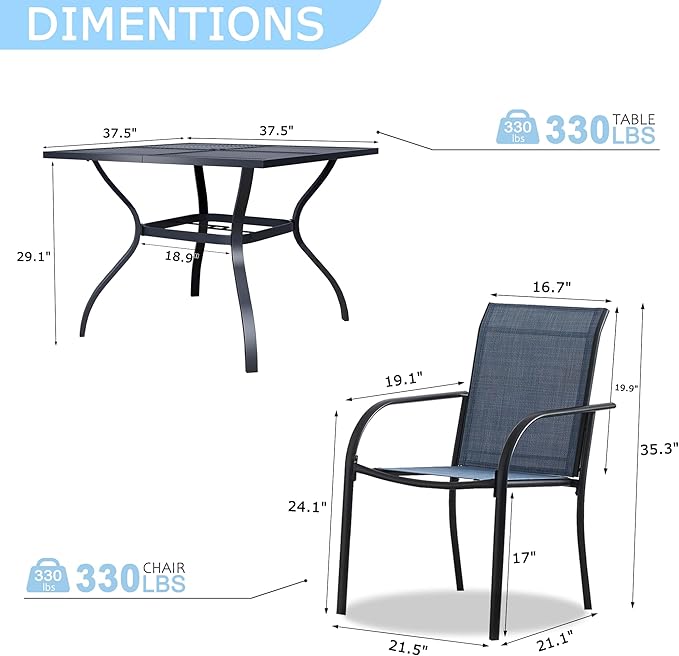5 Pieces Sqaure Dining Table Set for 4, Patio Dining Set Includes 4 Dark Blue Stackable Patio Chairs and 1 Black Mesh Square Table, Patio Furniture Sets with Sling Support for Outside, Garden