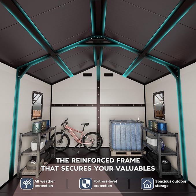 Plastic Shed 8x8 Outdoor Storage Resin Sheds, 2 Lockable Awning Windows, Reinforced Steel Frame, Heavy-Duty Resin Garden Shed for Backyard, Patio, Tool & Bike Storage