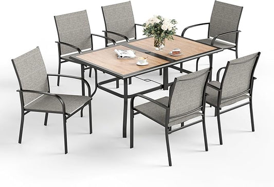 7 Pcs Patio Dining Set for 6, Rectangular Metal Dining Table (PVC Table Top) with Umbrella Hole and 6 Chairs, Outdoor Dining Set for Lawn Garden Deck, Brown