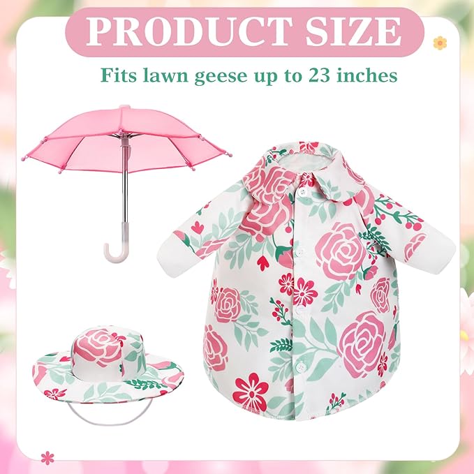 Soulchen Porch Goose Outfit with Umbrella for Lawn Porch 23'' Goose Costume Pink Flower Skirt for Spring Summer Outdoor Patio Yard Lawn Decoration