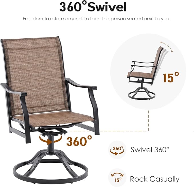 Patio Swivel Chairs Set of 2, Outdoor Dining Chairs with Textilene, Swivel & Rocker Metal Outdoor Patio Dining Chairs All-Weather for Backyard, Brown Fabric with Black Frame
