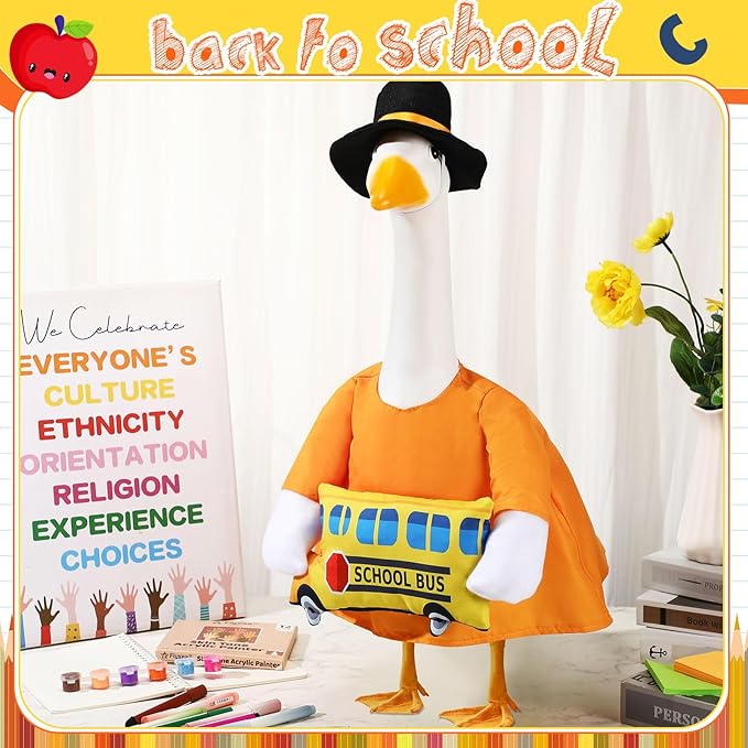 2 Pcs Porch Goose Outfit Halloween Geese Crayon Bus Teacher Cosplay Clothes for 23" Lawn Cement Goose Halloween Garden Patio Yard Outdoor Decorations(School Bus)