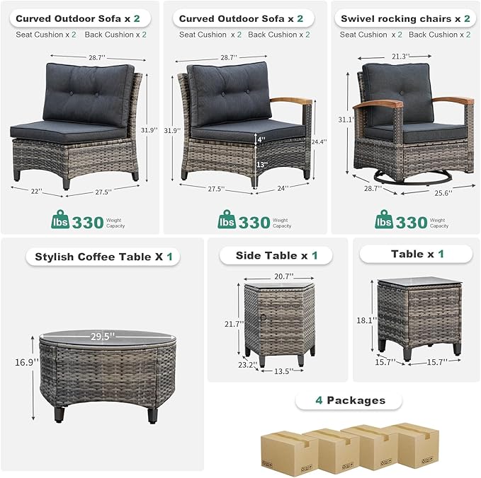 MEISSALIVVE 9-Piece Outdoor Patio Furniture Set, Half-Moon Curved Sectional Set with Wood Armrests, Patio Conversation Set, Tempered Glass Coffee & Side Tables (Grey)