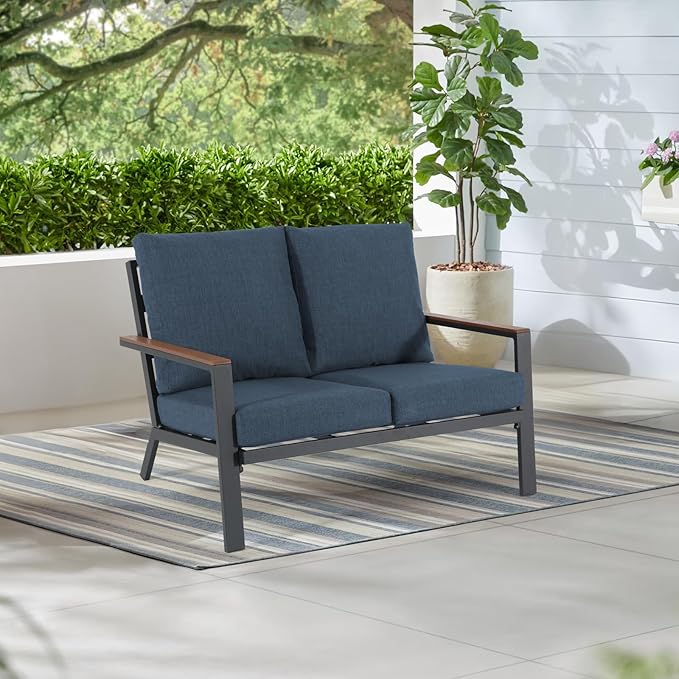 Soleil Jardin Aluminum Patio Furniture Loveseat, Outdoor 2 Seats Sofa Couch with FSC Certified Solid Wood Top, Outdoor Conversation Set Deep Seating Loveseat w/Removable Cushion, Denim Blue