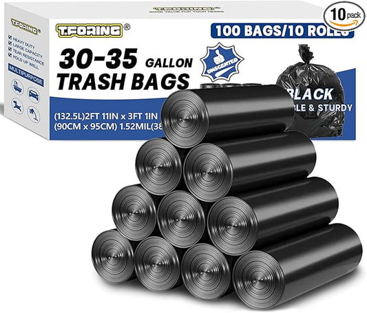 30-35 Gallon Trash Bags Heavy Duty 1.5 Mil - 35" x 37" 100 Count Large Black Garbage Bags 30+ Gallon Strong Plastic Trash Can Liners for Home Kitchen Commercial Lawn and Leaf