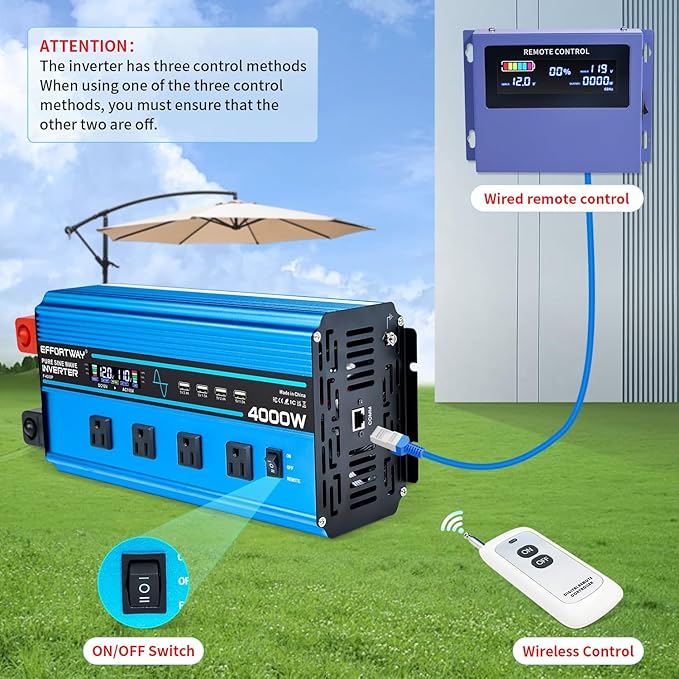 4000w Pure sine Wave Inverter DC 12V to AC 110V/120V Converter, 8000w (Peak) with LCD Display, Wireless/Wired Remote Control, 4AC outlets and 4USB.Ideal for Camping, RV Travel, Off-Grid Solar Systems