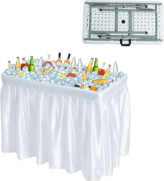 Outdoor Ice Cooler Folding Table, Portable Cooler Table with Removable Matching Skirt, Chill Table for Party BBQ Camping Wedding White