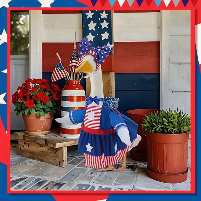 4th of July Porch Goose Outfits for 23 Inch Lawn Statue, Patriotic Costume for Plastic/Cement Statue, Seasonal Independence Day/Memorial Day Sculpture Clothes for Garden Patio Party Decoration