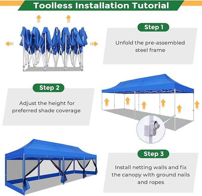 COBIZI 10x30 Heavy Duty Pop Up Canopy with 8 Mosquito Netting Wall, Easy Set Up Commercial Gazebo Party Tent, Outdoor Instant Screen Canopy for Backyard, Patio, Garden, Dark Blue