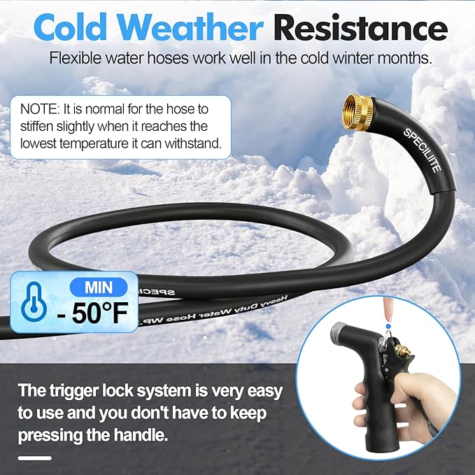 SPECILITE 3/4" Hot/Cold Garden Hose 25 ft with Industrial High Pressure Nozzle, Flexible & Lightweight, 600psi Burst Rubber Water hose -50℉-158℉ With 3/4" Brass Fittings for Yard, Black