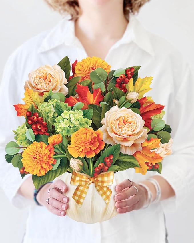 Freshcut Paper Pop Up Cards, Pumpkin Spice, 12 Inch Life Sized Forever Flower Bouquet 3D Popup Greeting Card, Autumn Cards, Birthday Card, Blank Notecard & Envelope