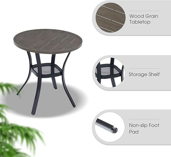 VICLLAX Outdoor Patio Round Dining Table, 28"x 28" Metal Slatted Round Tabletop with Storage Shelf for Deck Lawn Garden Backyard, Antique Grey