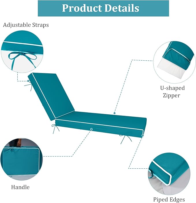 Chaise Lounge Cushions Outdoor Furniture 80 x 26 Inch Patio Lounge Chair Cushions 4'' Thick Waterproof Outdoor Chaise Cushion Weather Resistant Pool Lounger Cushion(Turquoise)