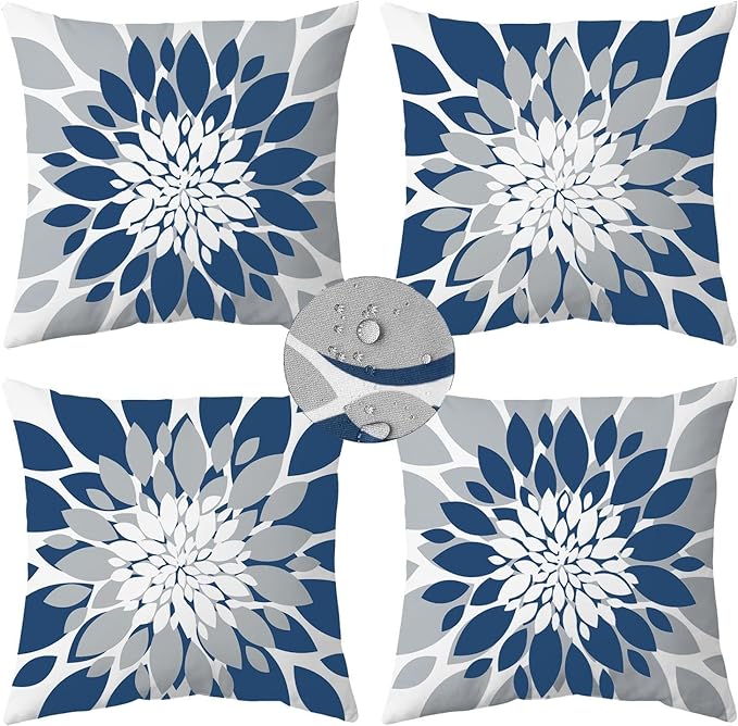 Qahing Pack of 4 Outdoor Waterproof Pillow Covers 20x20 Decorative Outdoor Throw Pillows Garden Square Cases for Patio Furniture, Couch, Tent Sunbrella, Bench, Blue Grey