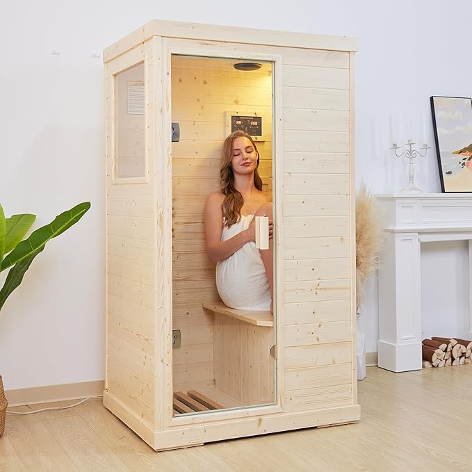 Sauna Infrared Far Infrared Sauna for Home 1 Person Sauna with Spruce Wood Dry Sauna for Home Sauna Room Low EMF Indoor Sauna for One Person in Home Sauna 900W with Speakers