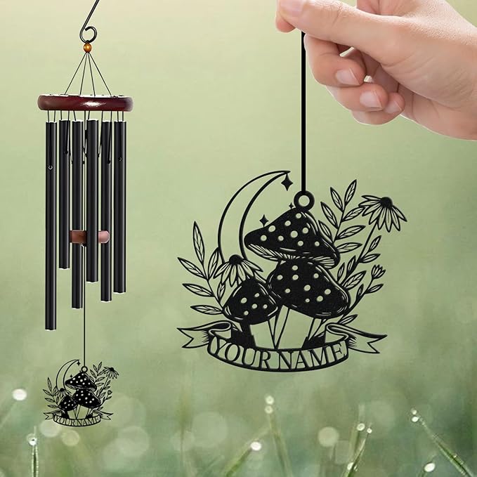 Personalized Customize Name Fantasy Mushroom Wonderland Wind Chime, Metal Iron 37 Inch Outdoor Memorial Gift for Garden Yard Patio Home Decor, Black (Style D)