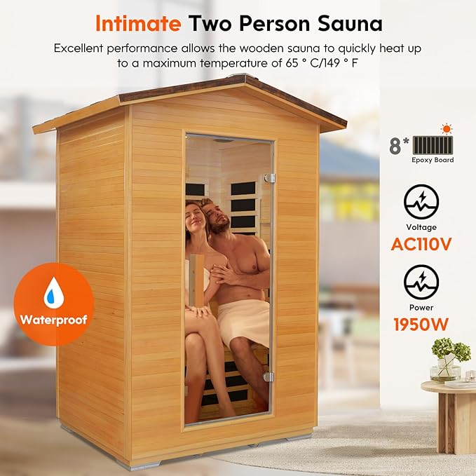 Outdoor Sauna Far Infrared Saunas Dry Sauna Room Canadian Hemlock Wood Wooden Sauna Spa 1950W Low-EMF with Cup Holder and Towel Rack for Two Person 47 * 39 * 82inch