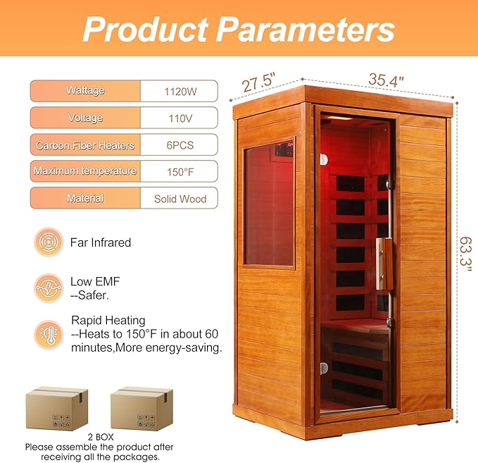 Far Infrared Sauna 1120W 110V, Low EMF Infrared Sauna with Red Light Therapy, Carbon Fiber Infrared Saunas 1 Person W/Bluetooth Speakers/Control Panel for Basement/Home Gym/Bathroom