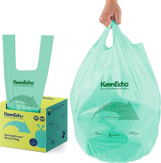 6 Gallon 200 Counts Small Green Trash Bags with Handle, Ocean Fishing Nets Upcycling, Sage & Sea Salt Scented, Plastic Garbage Bags, Waste Bag for Kitchen, Bathroom, Office and Pets