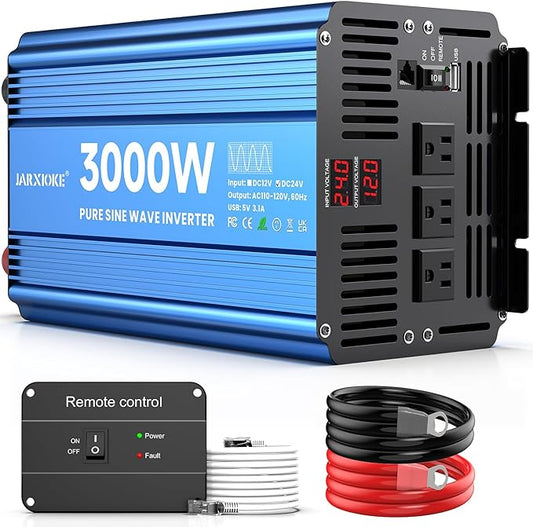 3000 Watt Pure Sine Wave Power Inverter 24V DC to 110V 120V Converter for Home, RV and Off-Grid Solar Systems with 3 AC Outlets, Dual USB Ports, LCD Display and Remote Control