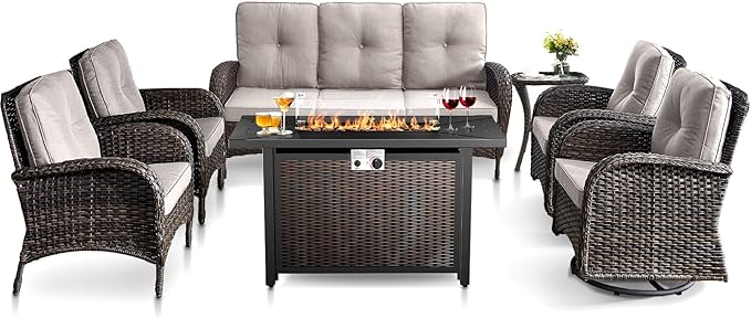 HUMMUH 7 Piece Patio Furniture Set with Fire Pit Table,Wicker Patio Swivel Rocker Outdoor Chairs 3-Seat Sofa for Porch,Poolside,Deck