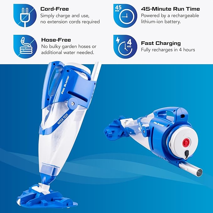 POOL BLASTER Centennial Cordless Pool Vacuum w/Pole Set - XL Debris Capacity & Advanced Filtration, Handheld Rechargeable Pool Cleaner for Sand, Silt & Leaves in Inground & Above Ground Pool