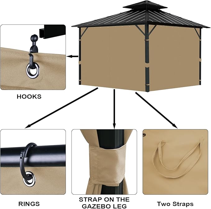 Gazebo Universal Replacement Privacy Curtain, 10'X10' Gazebo Curtain Outdoor Waterproof, 4-Panels Sidewall Curtains with Zipper for Patio, Garden and Backyard (Only Curtains, 10'x10', Brown)