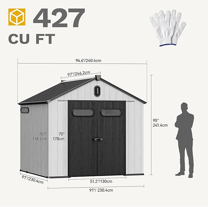 DWVO 8x8 FT Outdoor Storage Shed, 427 cuft Large Plastic Storage Shed with Floor & Lockable Door, Outside Tool Garden Shed with Windows & Vents for Patio Furniture, Lawn Mower, Bike, Black&Gray
