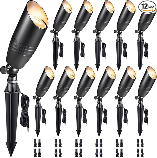 Gardenreet Die-Cast Brass Spot Light Outdoor - 12V LED Uplighting Waterproof, Low Voltage Landscape Lights Bright, Metal Direct Wire Black for Fence Fountain Without MR16 Bulbs (12 Pack)
