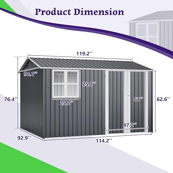 10X8FT Outdoor Steel Storage Shed with Clear Window, Lockable Doors, Weather-Resistant Metal Tool Shed for Garden, Backyard, Patio, and Utility Storage,Gray
