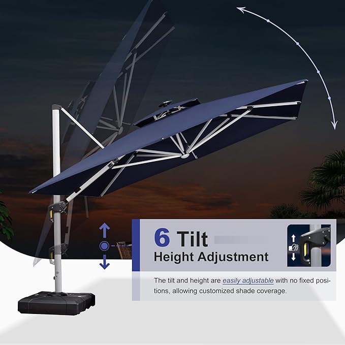 PURPLE LEAF 11 Feet Double Top Deluxe Solar Powered LED Square Patio Umbrella Offset Hanging Umbrella Outdoor Market Umbrella Garden Umbrella, Navy Blue