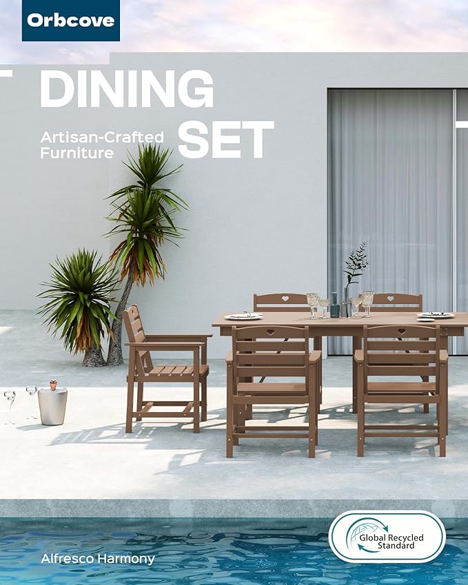 Patio Table and Chairs Set with Umbrella Hole, HDPE Patio Dining Set for 4, Outdoor Dining Set for Lawn, Patio, Porch, Deck, Poolside, Yard (Teak, 5-Piece)