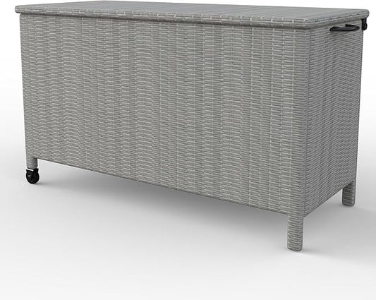 140 Gallon Outdoor Storage Deck Box, Large Rattan Storage Bin Wheel for Patio Cushions, Garden Tools and Pool Supplies, Waterproof, Grey