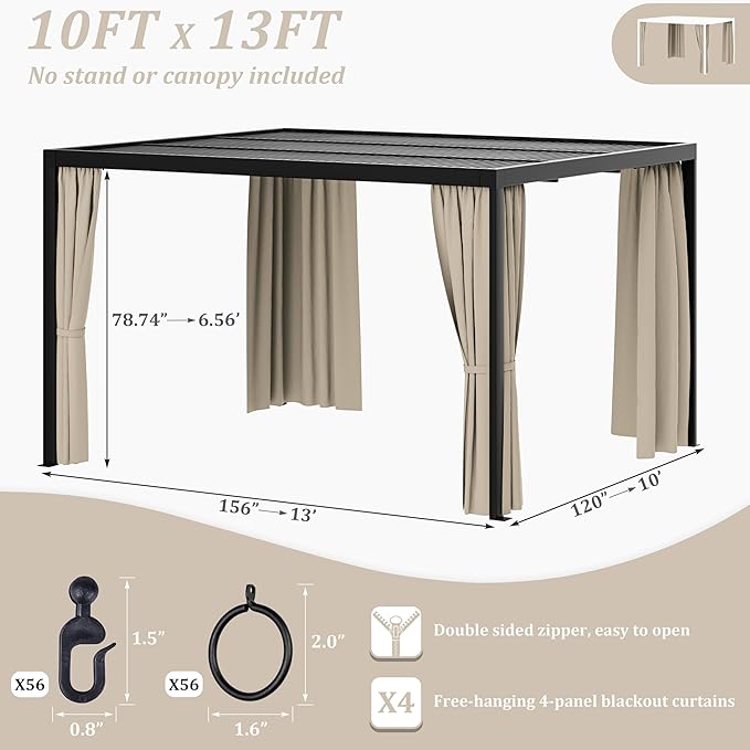 Gazebo Universal Replacement Privacy Curtain,10'×13' Gazebo Outdoor Waterproof Curtains, 4-Panels Sidewall Curtains with Double Zipper for Patio Canopy, Garden and Backyard (Curtain Only)