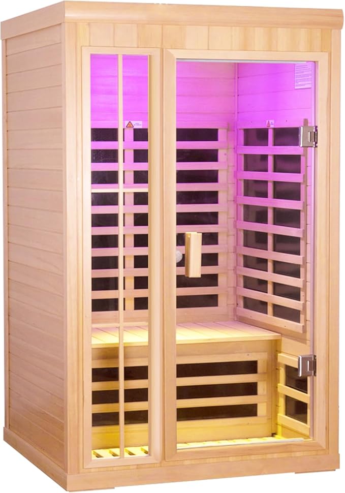 1 to 2 Person Infrared Sauna,Hemlock Wood Low EMF FAR Dry Sauna Indoor Saunas for The Home Remote Control, with Colored Lights 1350W,Room:75.59 * 35.82 * 40Inch