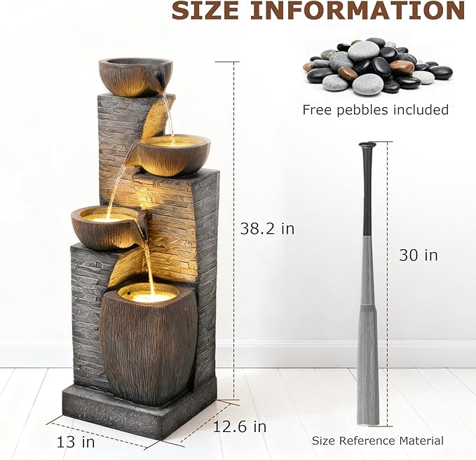 38.2" Tall Water Fountain Outdoor Garden,4 Tiers Modern Cascading Bowls and Stacked Stones Indoor Fountains with LED Lights for Garden, Patio, Deck, Porch, Backyard and Home Art Decor(Grey)