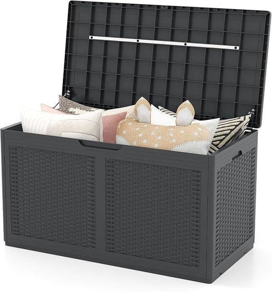 HAPPYGRILL 100 Gallon Resin Deck Box Outdoor Waterproof Storage with Lockable Lid, Rattan Texture Storage Container with Wheels for Pool Accessories, Garden Tool, Patio Furniture Cushion (Grey)