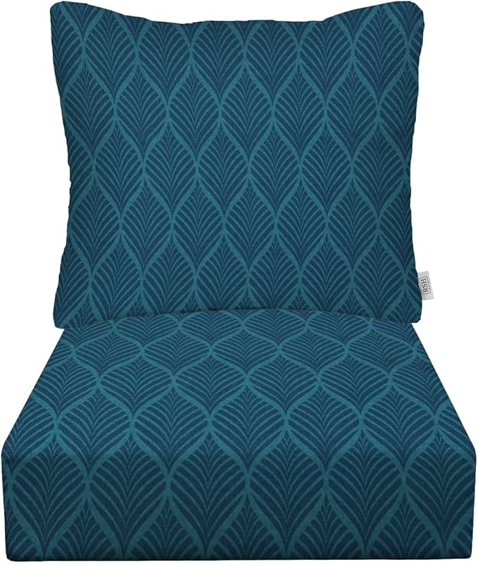 RSH DECOR Deep Seating Cushion with Pillow Back | 23.5” x 25” Seat | Water and Fade-Resistant Spun Fabric | Outdoor Chair Cushion Set for Patio Furniture | Fenbrook Blue