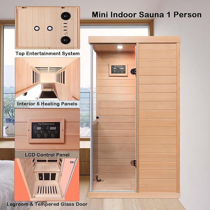 Hemlock Deluxe Mini Indoor Sauna 1 Person, Far Infrared Sauna at Home, Wooden Dry Sauna 1060w with 6 Far Infrared Heating Plate, Bluetooth Speaker, Red Light, Reading Light(Left Door)