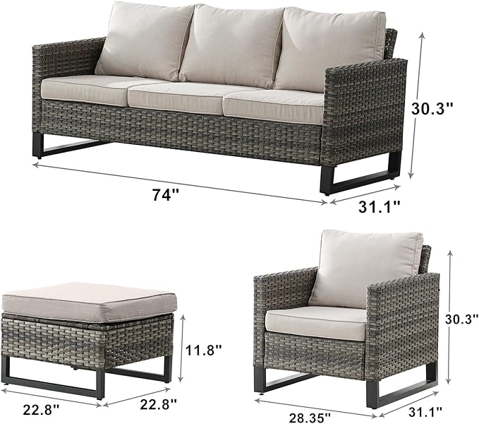 Rilyson Wicker Outdoor Patio Furniture Set - 5 Piece Patio Conversation Set with 2 Wicker Armrest Chairs,2 Rattan Ottoman and 1 Couch for Outside Porch Deck Backyard Garden(Mixed Grey/Beige)